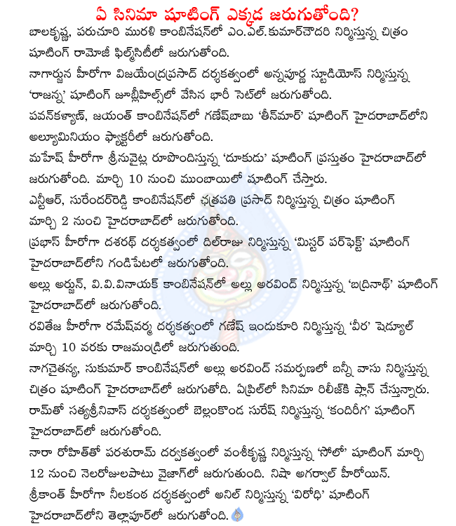 balakrisshna new film shooting,pavan kalyan teenmaar shooting,nagarjuna rajanna shooting,mahesh dookudu shooting,ntr,surender reddy shooting,prabhas mr.perfect shooting,allu arjun badrinath shooting,naga chaitanya,sukumar film shooting  balakrisshna new film shooting, pavan kalyan teenmaar shooting, nagarjuna rajanna shooting, mahesh dookudu shooting, ntr, surender reddy shooting, prabhas mr.perfect shooting, allu arjun badrinath shooting, naga chaitanya, sukumar film shooting